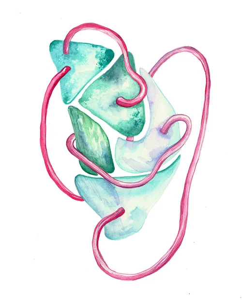 A watercolor painting of translucent teal crystal forms threaded with a looping pink vein.