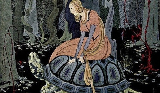 A Virginia Frances Sterrett illustration of a figure sitting on a turtle.